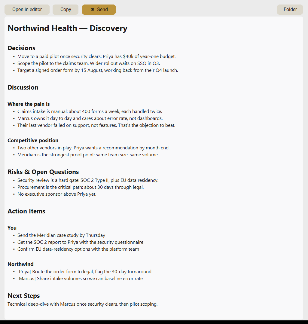 A finished NibNotes note: action items and a summary, by topic
